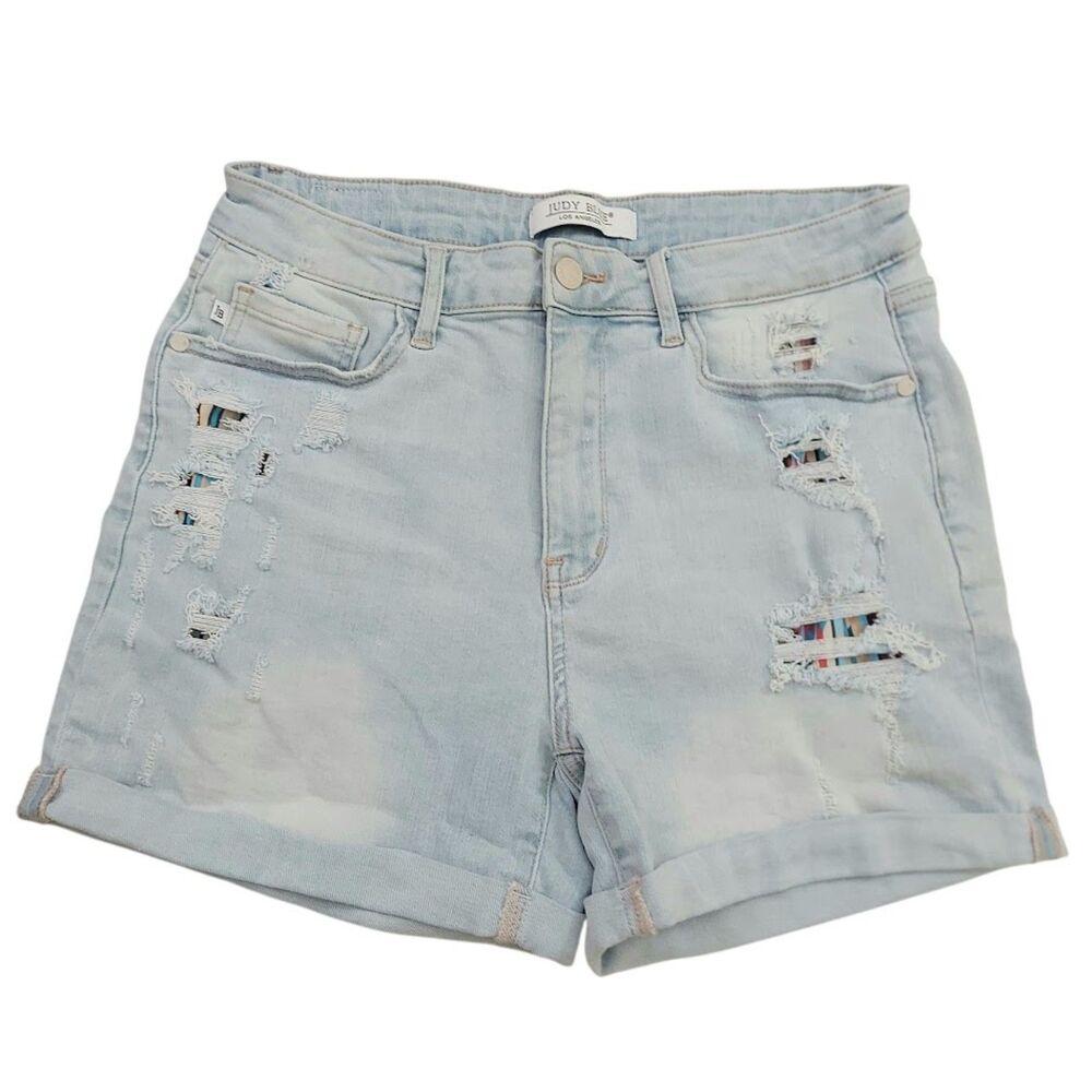 Judy Blue Jean Shorts Womens Large Blue Distressed Cuffed Hem Stretch Grunge
